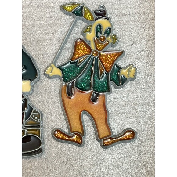 VTG Tiffany Style Stained Glass Sun Catchers Pewter Frame Circus Clowns Set of 2 - Picture 6 of 9